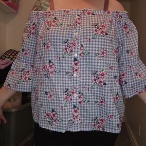 Floral Gingham Off-Shoulder Top